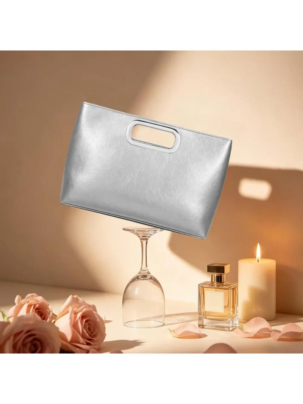 Women's Silver Clutch Handbag Modern Faux Leather with Metal Handle Evening Bag